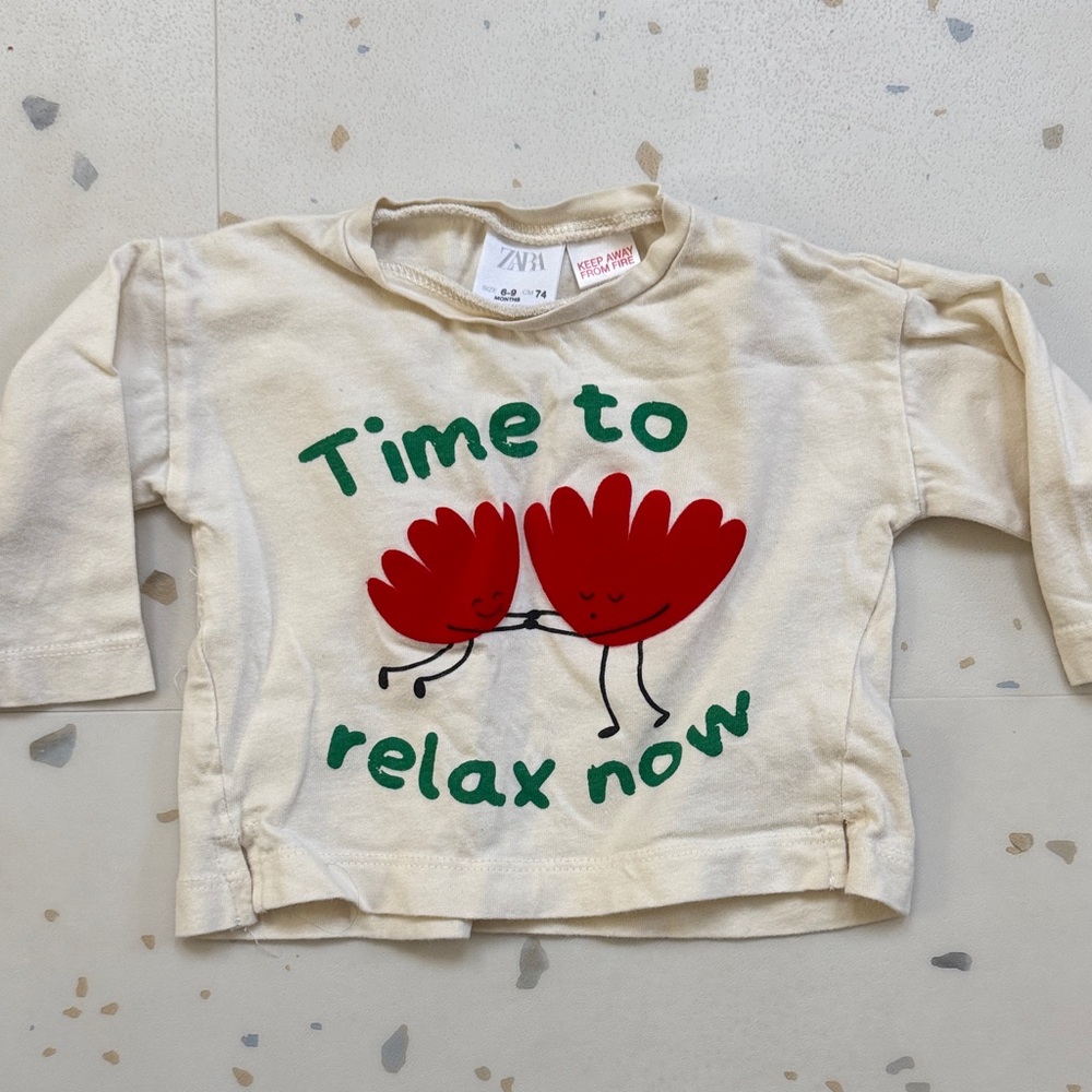 Zara Kids Cream Long Sleeve Tee with Red and Green Print